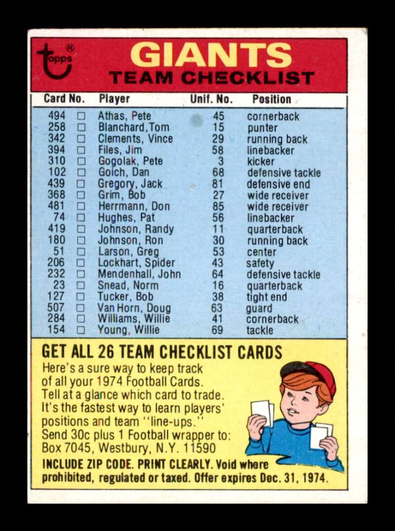 Load image into Gallery viewer, 1974 Topps Team Checklist #NNO Unmarked New York Giants Image 1
