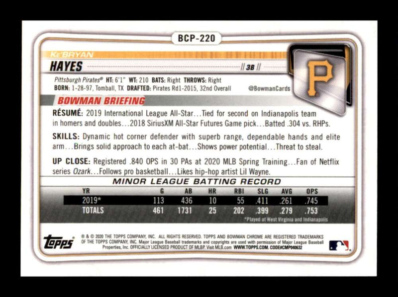 Load image into Gallery viewer, 2020 Bowman Chrome Ke&#39;Bryan Hayes #BCP-220 Rookie RC Pittsburgh Pirates Image 2
