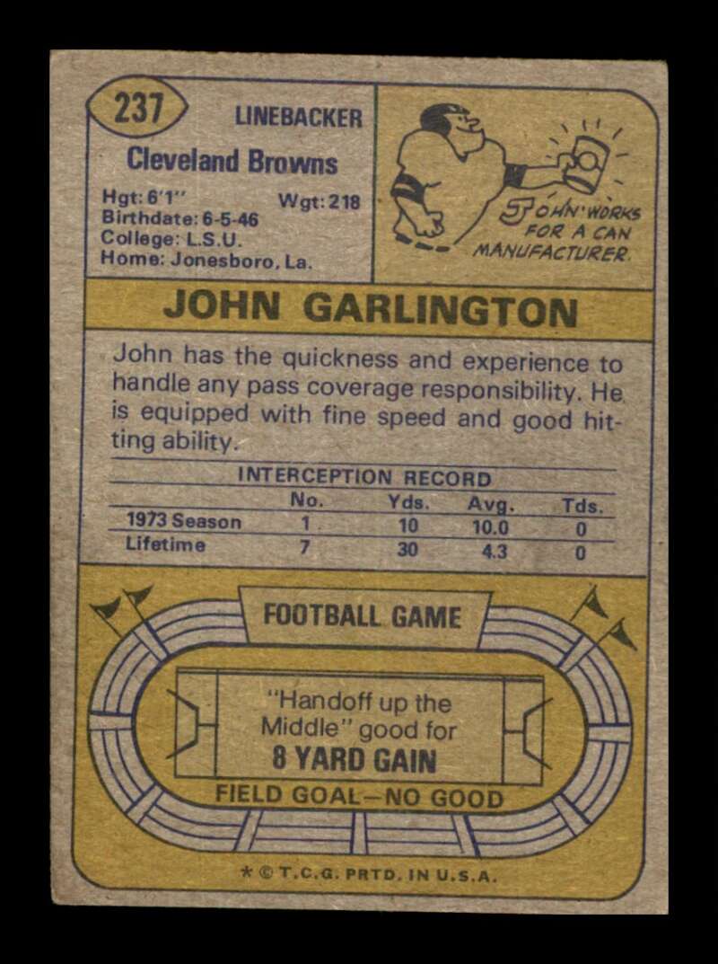 Load image into Gallery viewer, 1974 Topps John Garlington #237 Cleveland Browns Image 2
