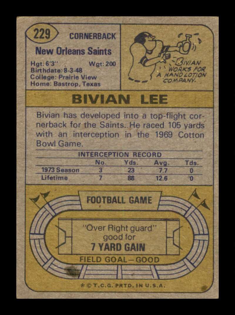 Load image into Gallery viewer, 1974 Topps Bivian Lee #229 Rookie RC New Orleans Saints Image 2
