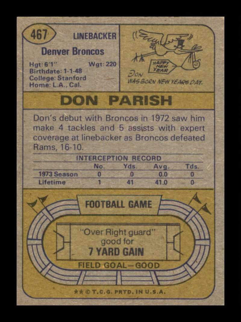 Load image into Gallery viewer, 1974 Topps Don Parish #467 Rookie RC Denver Broncos Image 2
