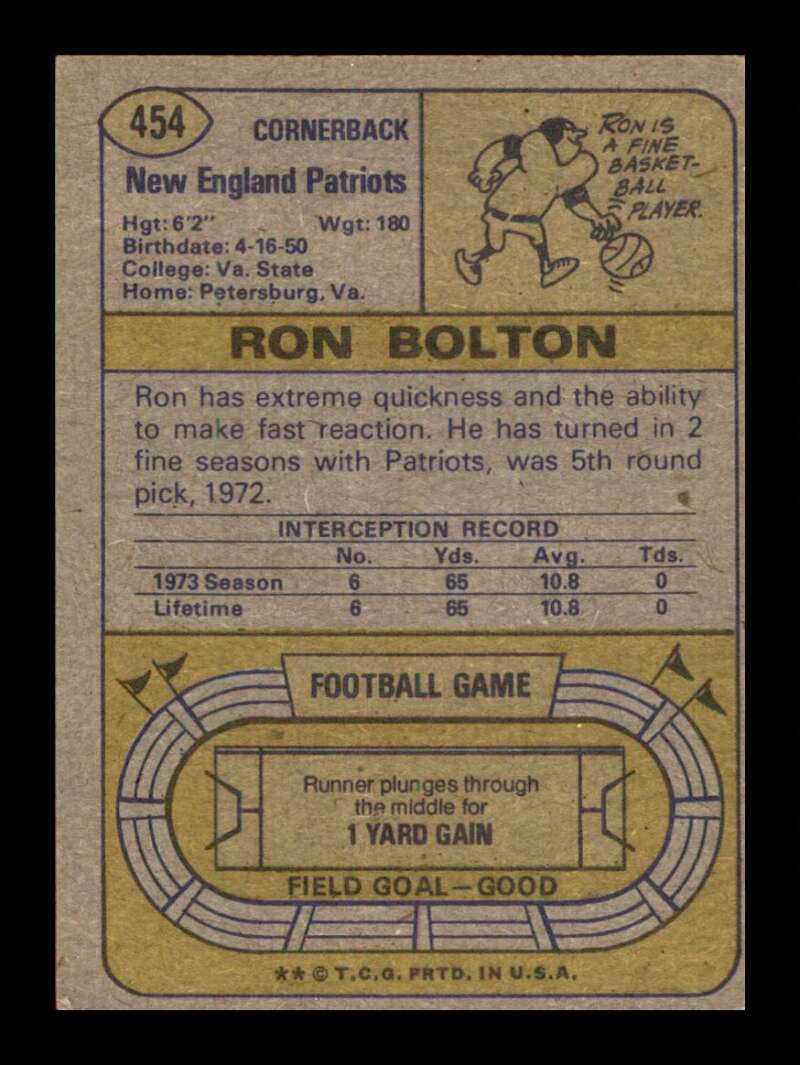 Load image into Gallery viewer, 1974 Topps Ron Bolton #454 Rookie RC New England Patriots Image 2
