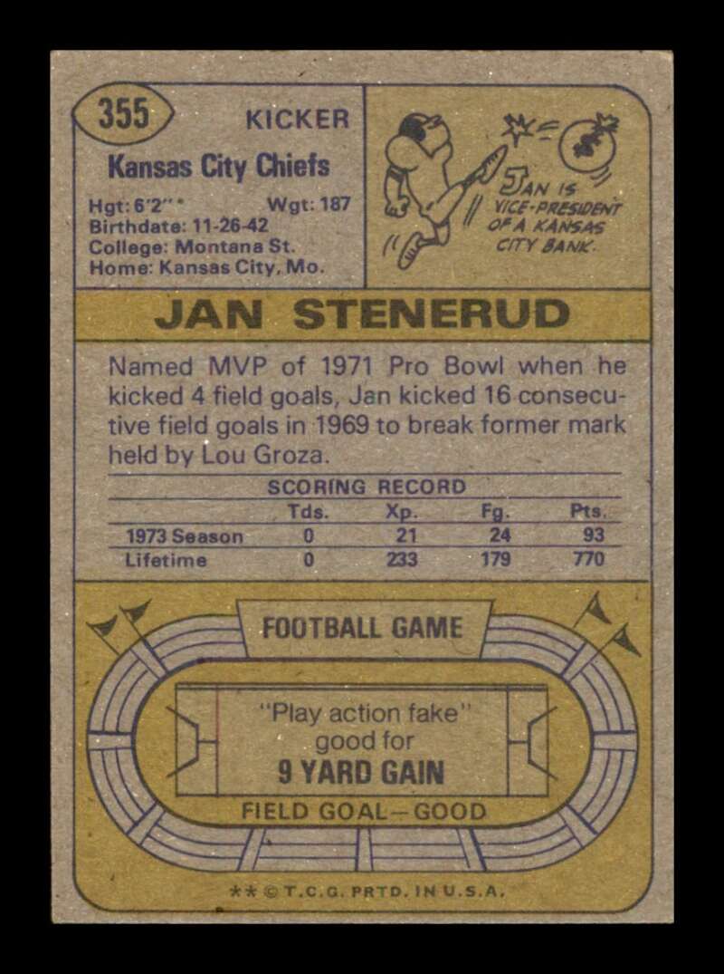 Load image into Gallery viewer, 1974 Topps Jan Stenerud #355 Kansas City Chiefs Image 2
