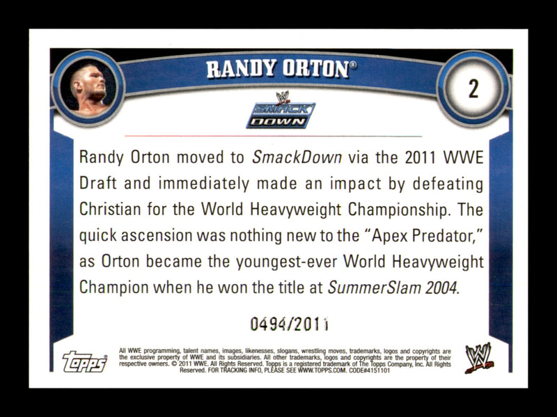 Load image into Gallery viewer, 2011 Topps WWE Blue Randy Orton #2 Short Print SP /2011 Image 2
