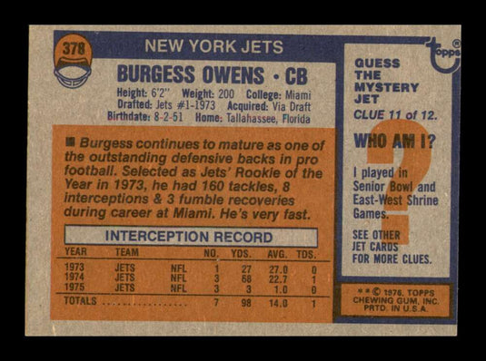 1976 Topps Burgess Owens 