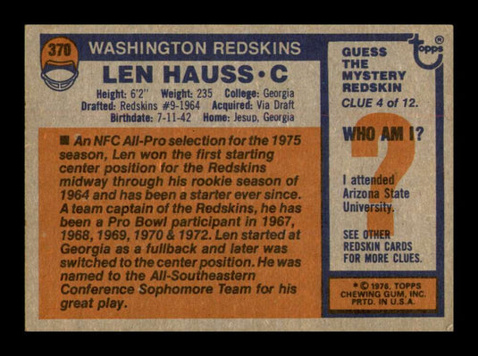 1976 Topps Len Hauss 