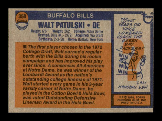 1976 Topps Walt Patulski 