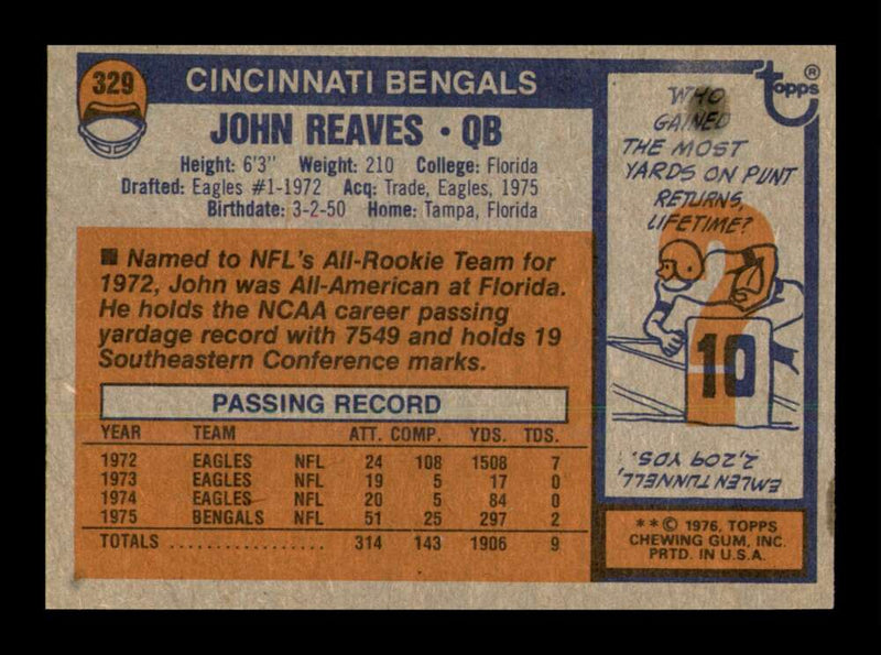 Load image into Gallery viewer, 1976 Topps John Reaves #329 Cincinnati Bengals Image 2
