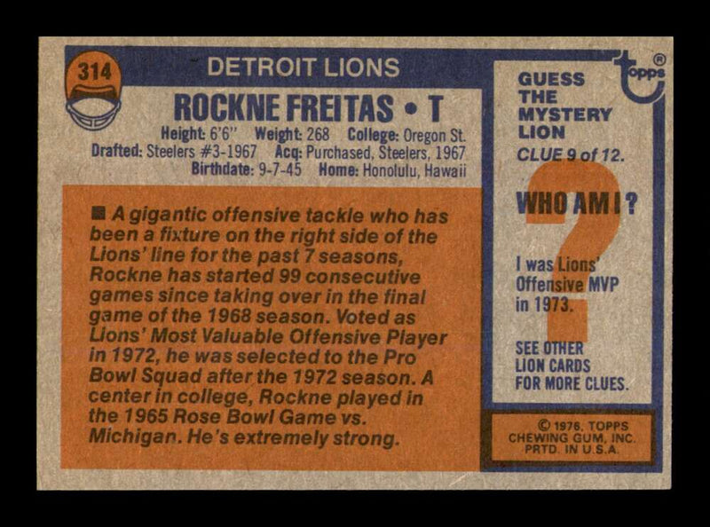 Load image into Gallery viewer, 1976 Topps Rockne Freitas #314 Detroit Lions Image 2
