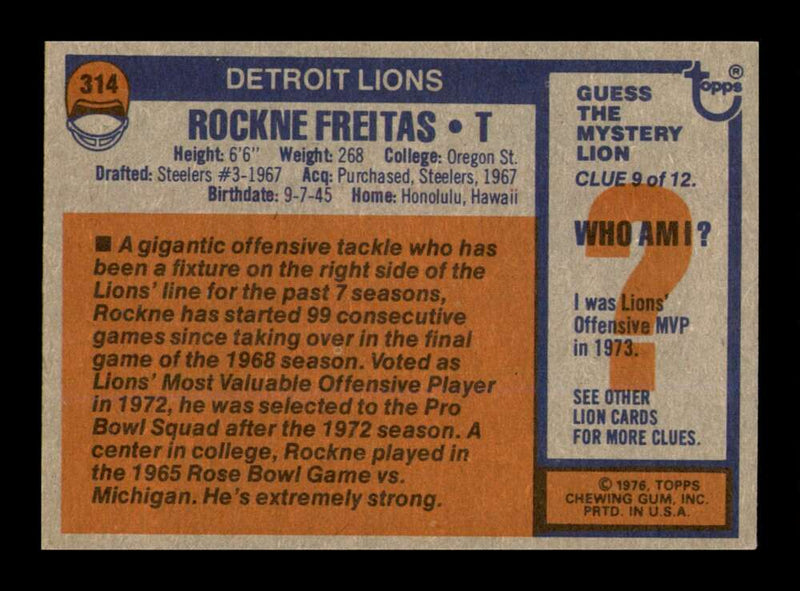 Load image into Gallery viewer, 1976 Topps Rockne Freitas #314 Detroit Lions Image 2
