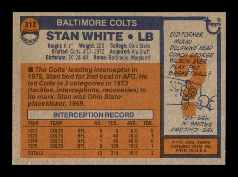 Load image into Gallery viewer, 1976 Topps Stan White #312 Baltimore Colts Image 2
