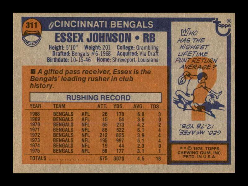 Load image into Gallery viewer, 1976 Topps Essex Johnson #311 Cincinnati Bengals Image 2
