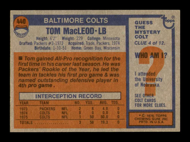 Load image into Gallery viewer, 1976 Topps Tom MacLeod #440 Baltimore Colts Image 2
