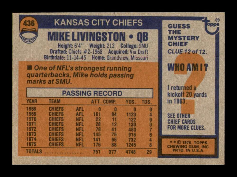 Load image into Gallery viewer, 1976 Topps Mike Livingston #436 Kansas City Chiefs Image 2
