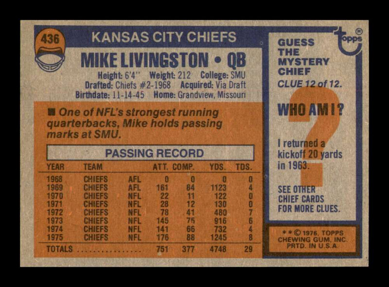 Load image into Gallery viewer, 1976 Topps Mike Livingston #436 Kansas City Chiefs Image 2
