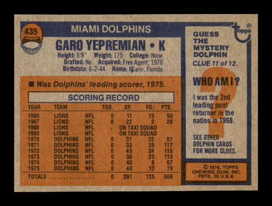 1976 Topps Garo Yepremian 