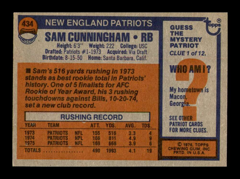 Load image into Gallery viewer, 1976 Topps Sam Cunningham #434 New England Patriots Image 2
