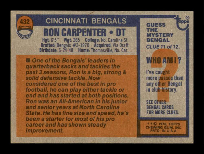 Load image into Gallery viewer, 1976 Topps Ron Carpenter #432 Cincinnati Bengals Image 2
