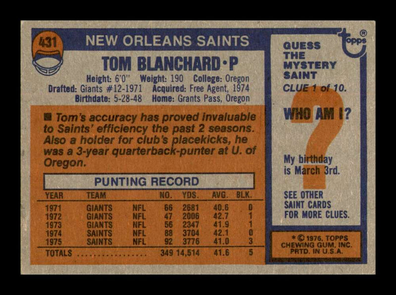 Load image into Gallery viewer, 1976 Topps Tom Blanchard #431 New Orleans Saints Image 2
