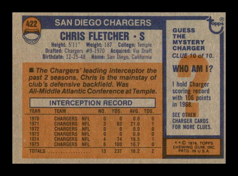 Load image into Gallery viewer, 1976 Topps Chris Fletcher #422 San Diego Chargers Image 2
