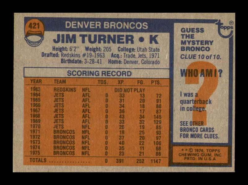 Load image into Gallery viewer, 1976 Topps Jim Turner #421 Denver Broncos Image 2
