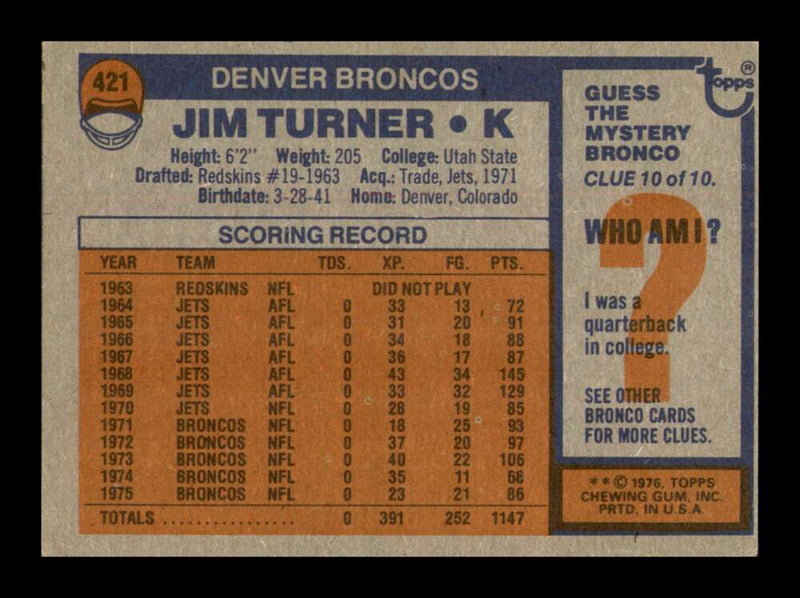 Load image into Gallery viewer, 1976 Topps Jim Turner #421 Denver Broncos Image 2
