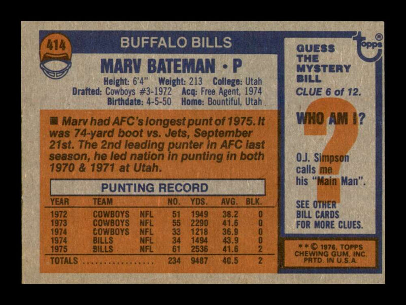 Load image into Gallery viewer, 1976 Topps Marv Bateman #414 Buffalo Bills Image 2
