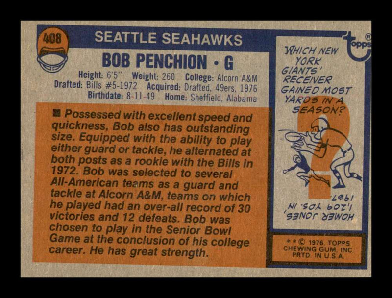 Load image into Gallery viewer, 1976 Topps Bob Penchion #408 Seattle Seahawks Image 2
