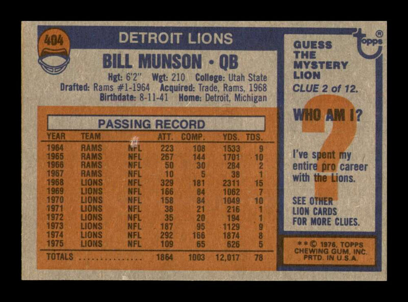 Load image into Gallery viewer, 1976 Topps Bill Munson #404 Detroit Lions Image 2
