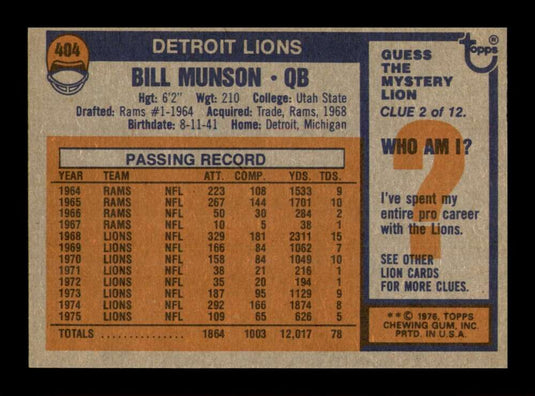 1976 Topps Bill Munson