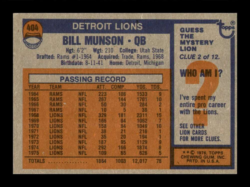 Load image into Gallery viewer, 1976 Topps Bill Munson #404 Detroit Lions Image 2
