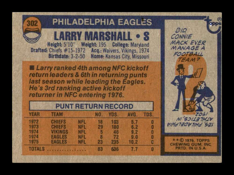 Load image into Gallery viewer, 1976 Topps Larry Marshall #302 Rookie RC Philadelphia Eagles Image 2
