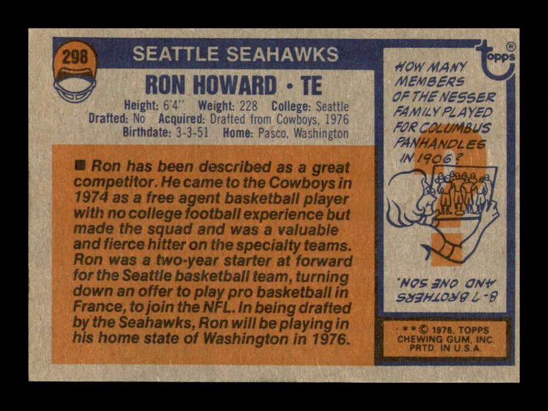 Load image into Gallery viewer, 1976 Topps Ron Howard #298 Rookie RC Seattle Seahawks Image 2
