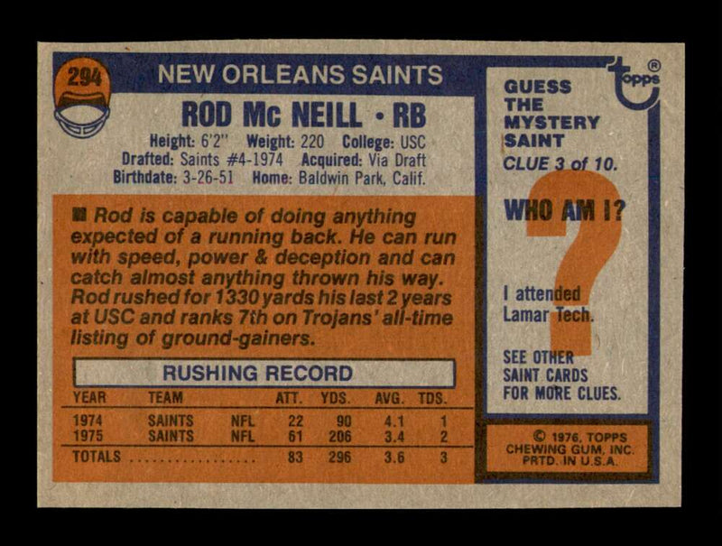 Load image into Gallery viewer, 1976 Topps Rod McNeill #294 New Orleans Saints Image 2
