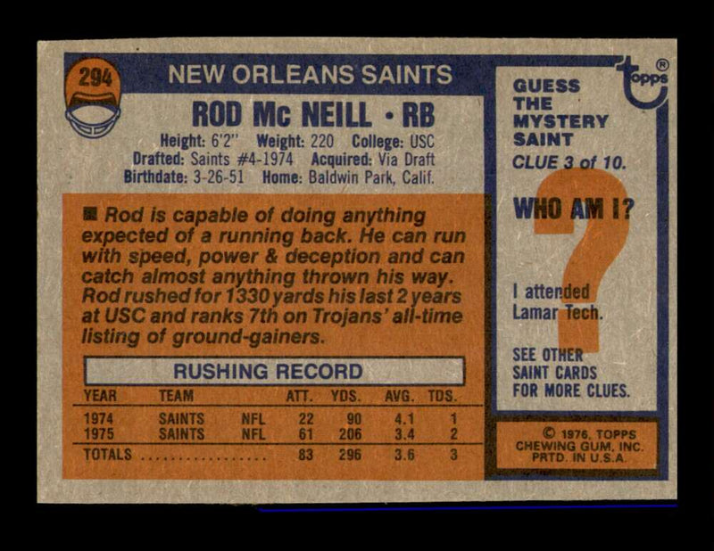 Load image into Gallery viewer, 1976 Topps Rod McNeill #294 New Orleans Saints Image 2
