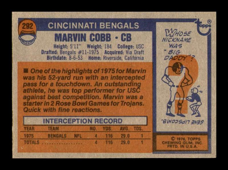 Load image into Gallery viewer, 1976 Topps Marvin Cobb #292 Rookie RC Cincinnati Bengals Image 2
