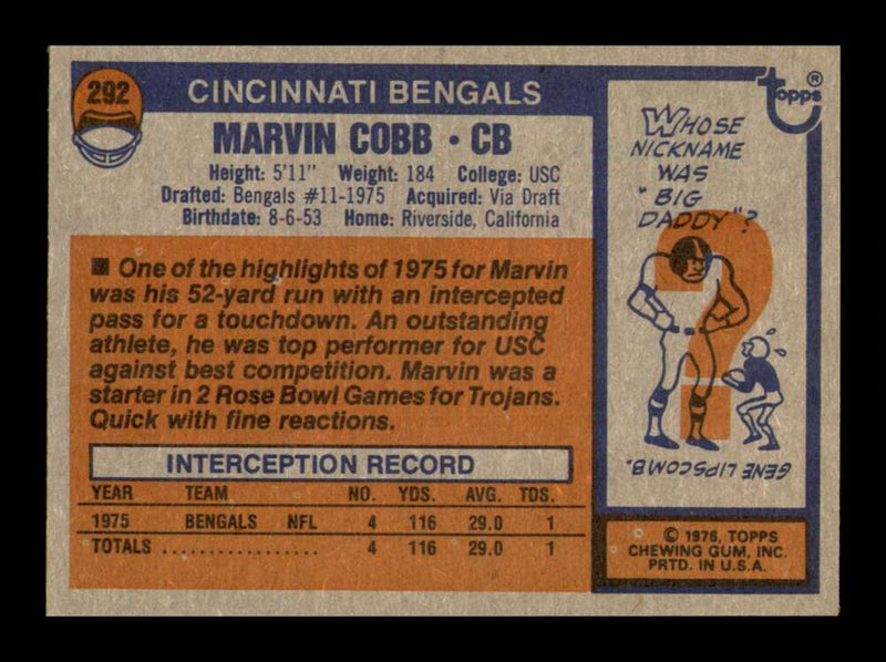 Load image into Gallery viewer, 1976 Topps Marvin Cobb #292 Rookie RC Cincinnati Bengals Image 2
