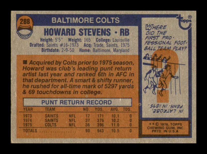 Load image into Gallery viewer, 1976 Topps Howard Stevens #288 Baltimore Colts Image 2
