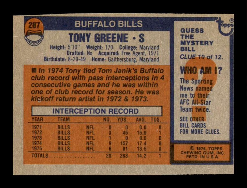 Load image into Gallery viewer, 1976 Topps Tony Greene #287 Buffalo Bills Image 2
