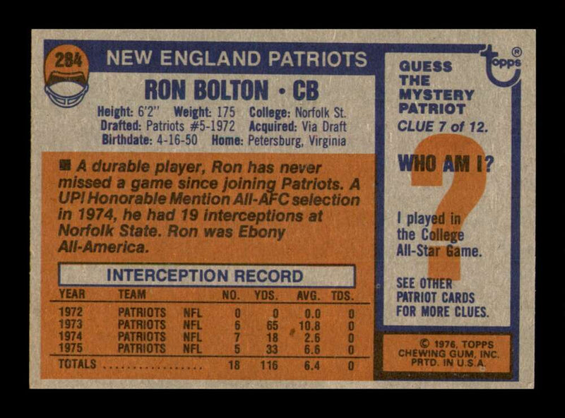 Load image into Gallery viewer, 1976 Topps Ron Bolton #284 New England Patriots Image 2
