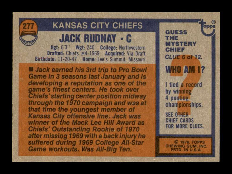 Load image into Gallery viewer, 1976 Topps Jack Rudnay #277 Kansas City Chiefs Image 2
