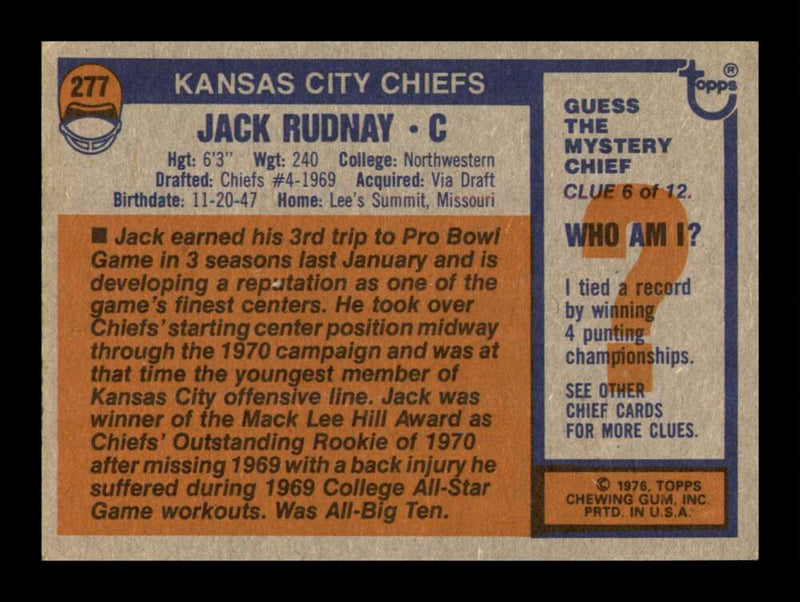 Load image into Gallery viewer, 1976 Topps Jack Rudnay #277 Kansas City Chiefs Image 2
