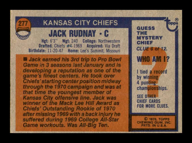 Load image into Gallery viewer, 1976 Topps Jack Rudnay #277 Kansas City Chiefs Image 2
