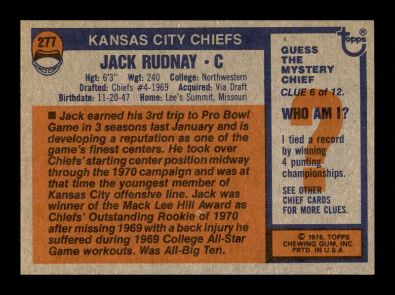 Load image into Gallery viewer, 1976 Topps Jack Rudnay #277 Kansas City Chiefs Image 2
