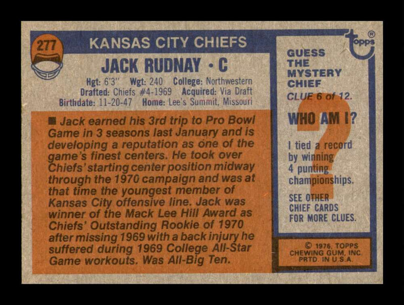 Load image into Gallery viewer, 1976 Topps Jack Rudnay #277 Kansas City Chiefs Image 2
