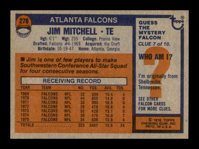 Load image into Gallery viewer, 1976 Topps Jim Mitchell #276 Atlanta Falcons Image 2
