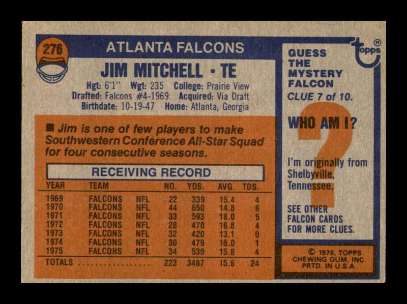 Load image into Gallery viewer, 1976 Topps Jim Mitchell #276 Atlanta Falcons Image 2
