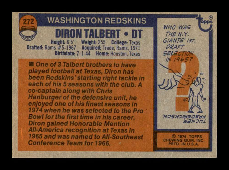 Load image into Gallery viewer, 1976 Topps Diron Talbert #272 Washington Redskins Image 2
