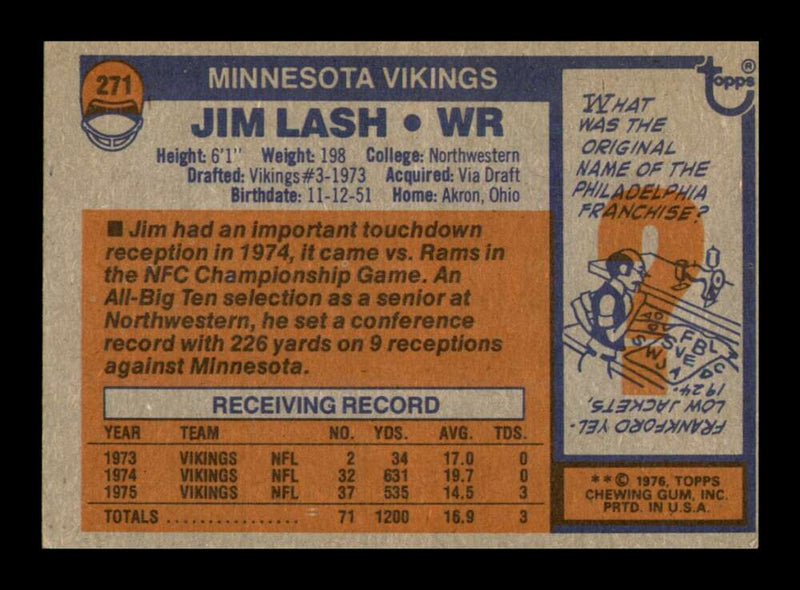 Load image into Gallery viewer, 1976 Topps Jim Lash #271 Rookie RC Minnesota Vikings Image 2
