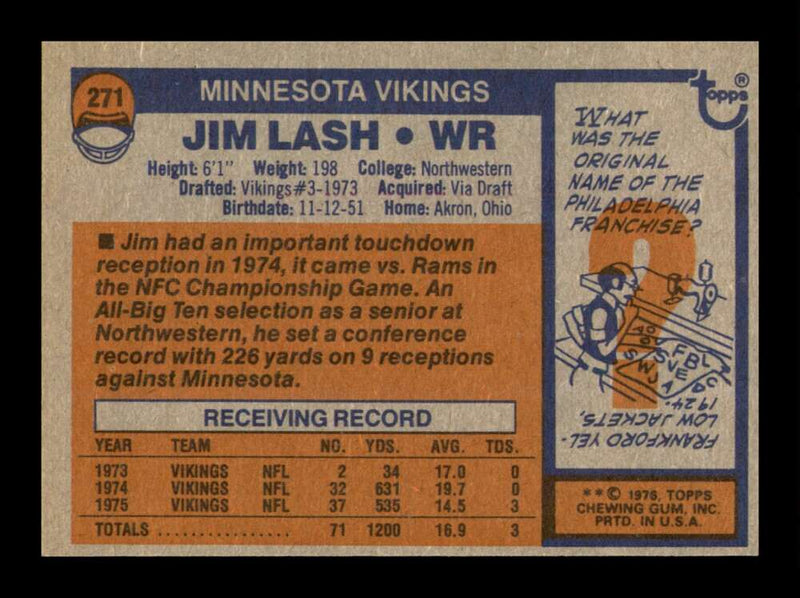 Load image into Gallery viewer, 1976 Topps Jim Lash #271 Rookie RC Minnesota Vikings Image 2
